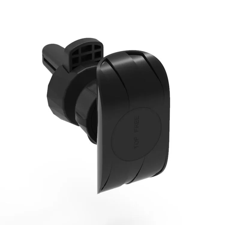 Black car phone holder attached to vehicle air vent holding smartphone