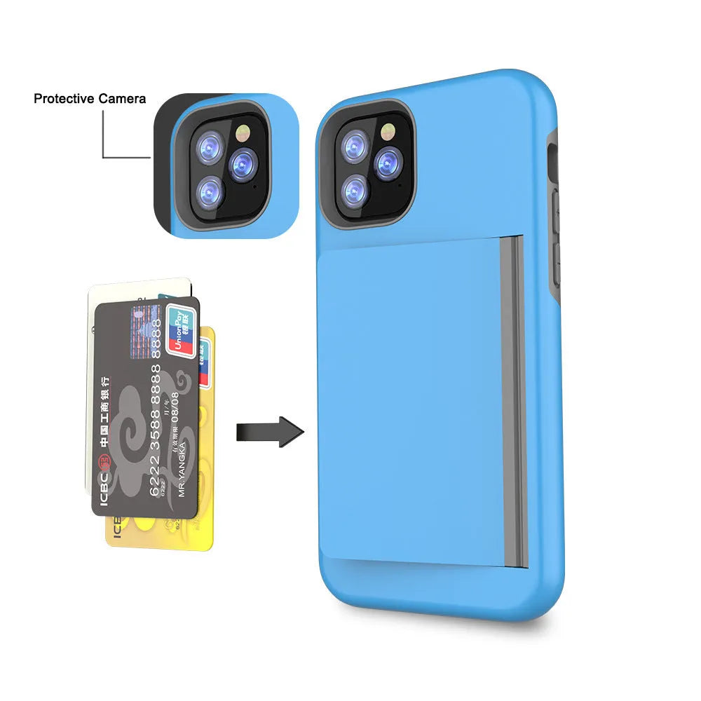 Solid-colour TPU and PC mobile phone case for Apple iPhone 11, shown in black, red, pink, dark blue, blue, and purple.