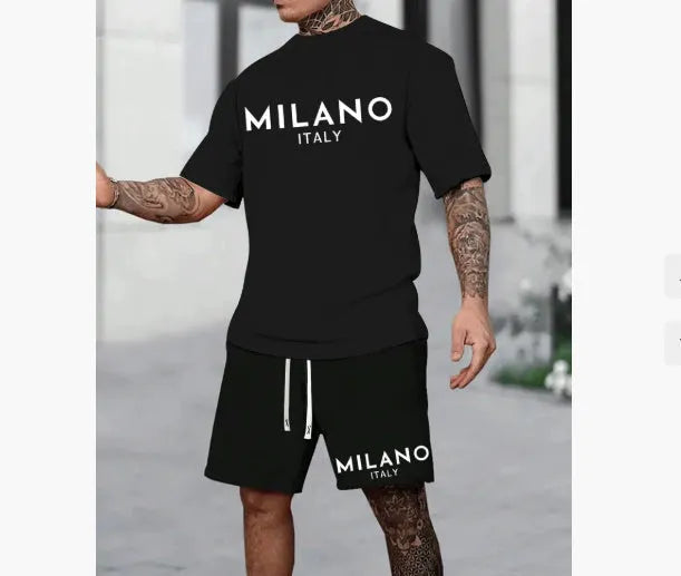 Men's black polyester short sleeve suit set with round neck top and matching shorts