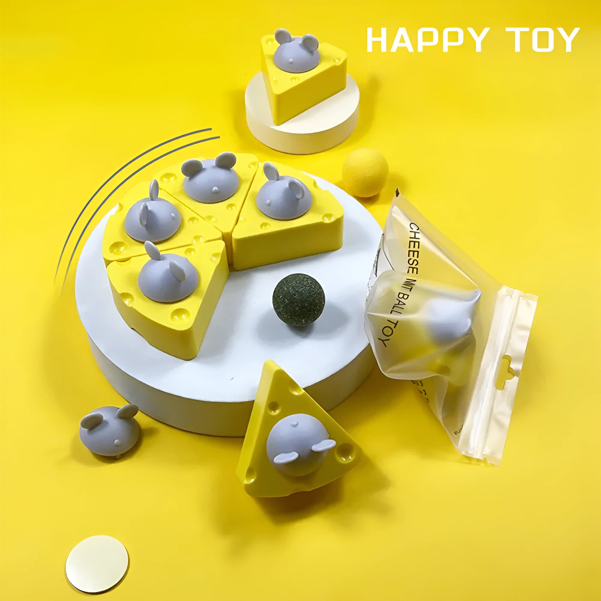 Yellow catnip toy balls with natural silvervine and edible cheese flavour for feline dental care and entertainment