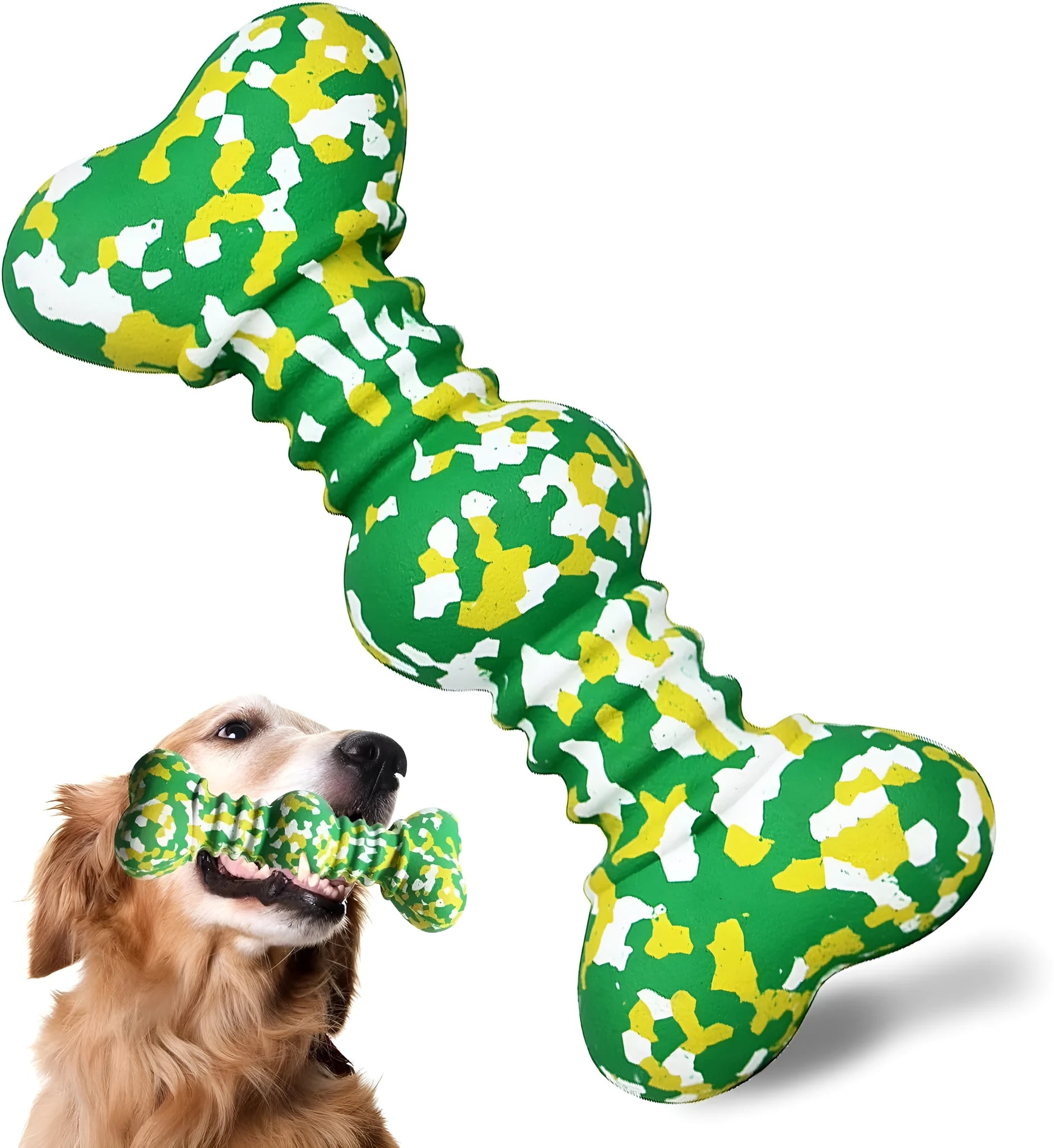 Green, white, and yellow camouflage pattern natural rubber bone-shaped dog chew toy