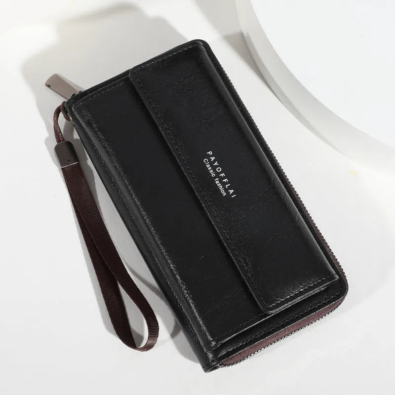 Men's black PU leather wallet with multiple card slots showing interior organisation
