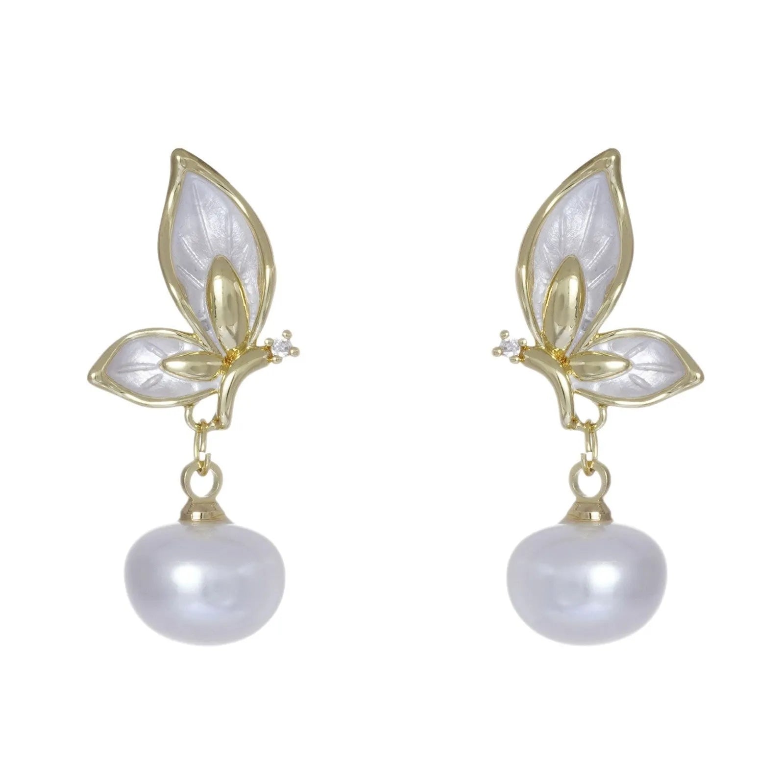 Gold tone butterfly earrings with zircon painting on copper for women