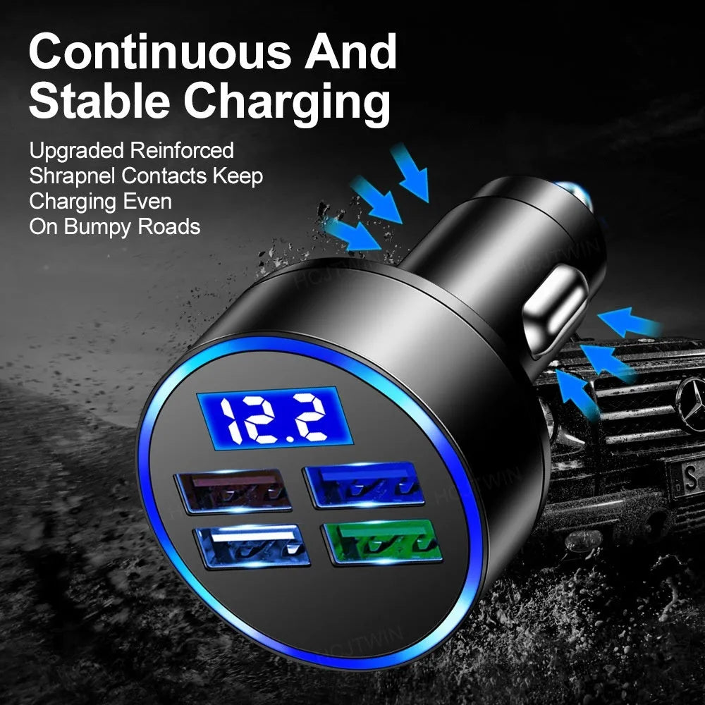 Black multi-port USB car charger with four ports and cigarette lighter plug for vehicle use
