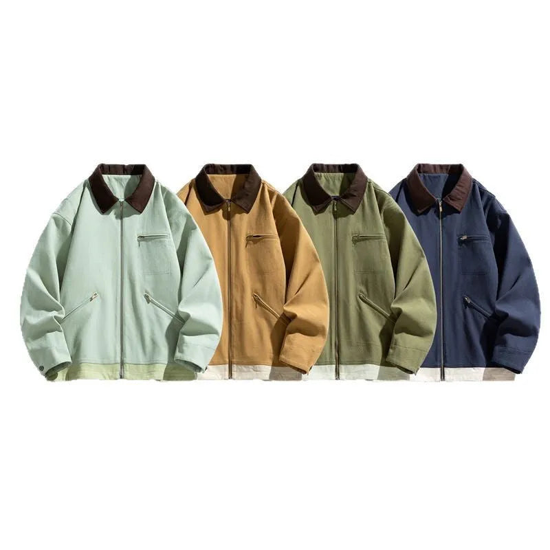 Men's loose fit autumn couple jacket with contrasting colour lapels and side seam pockets in retro workwear style
