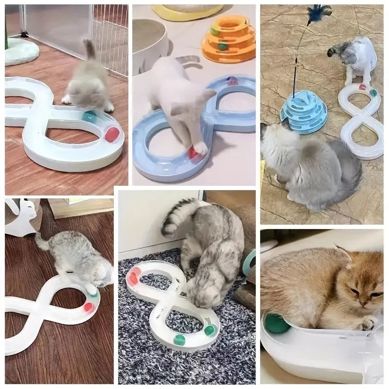 Blue and white cat turntable toy with rotating track ball and teasing stick for feline play