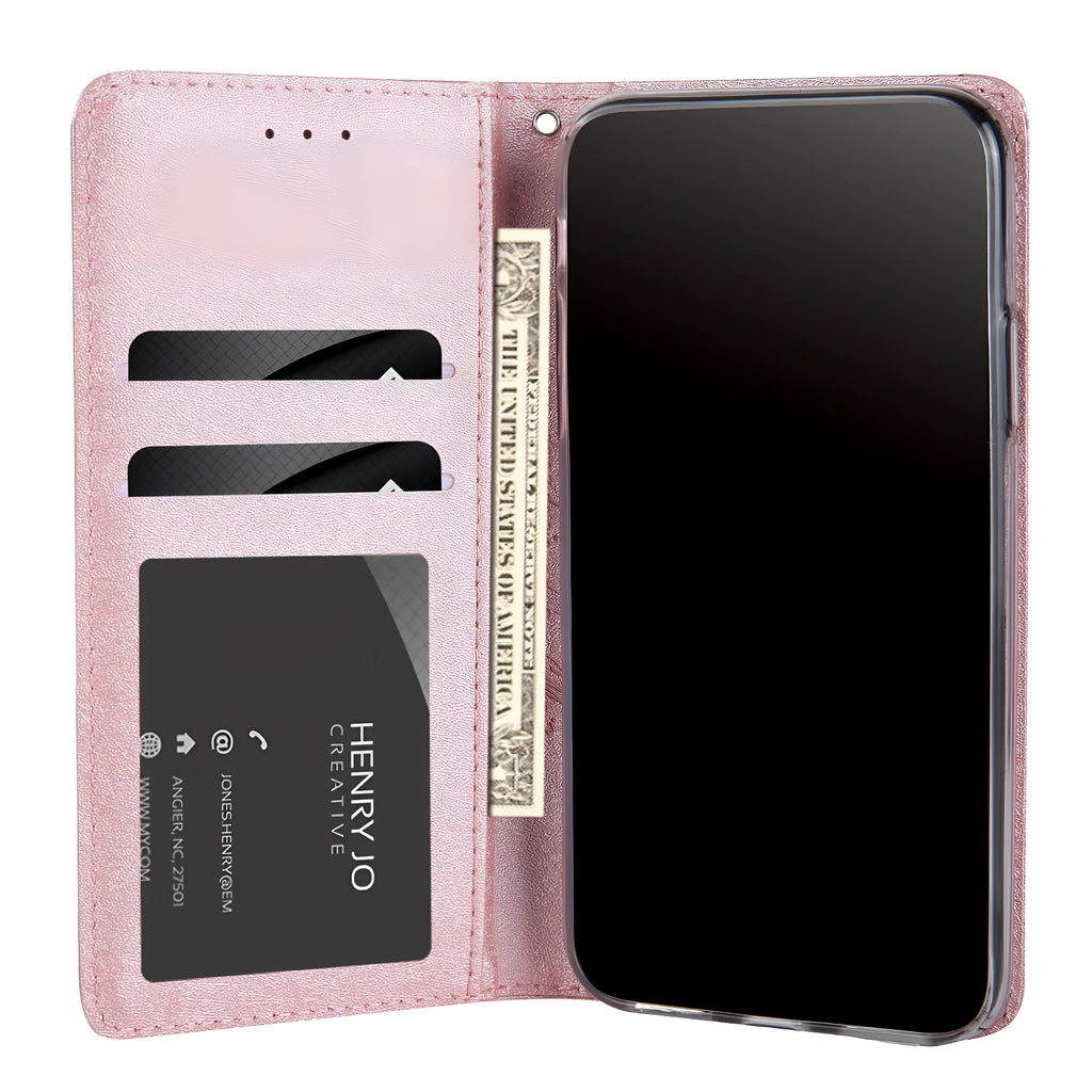 PU leather iPhone flip case in multiple colours showing front card slot and flip cover for Apple iPhone models