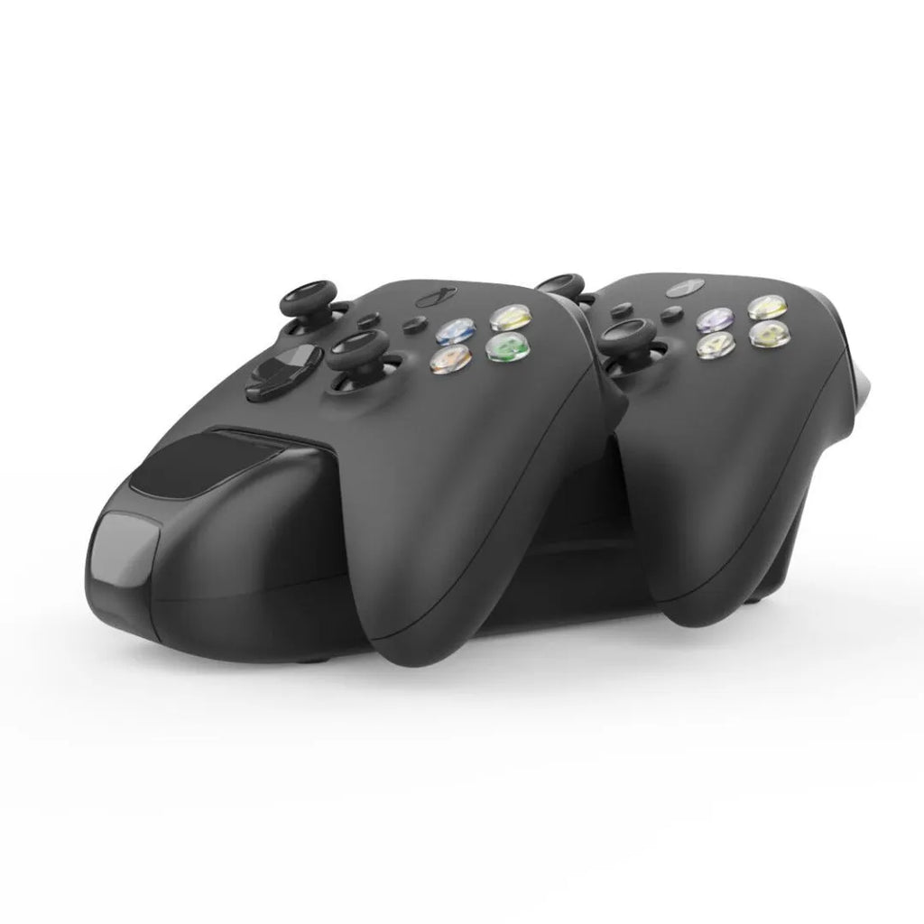 Black Xbox Series X wireless controller charging dock with two battery packs and Type-C cable