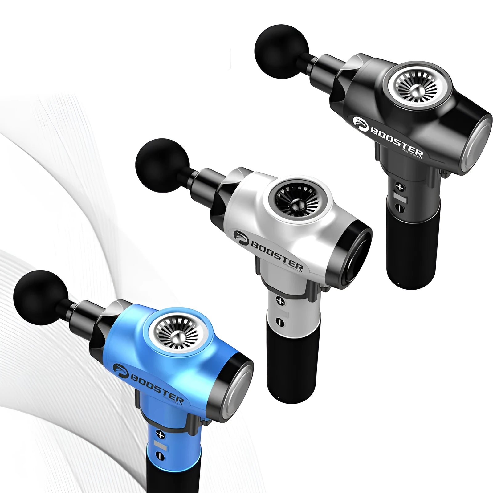 Black and white massage gun with adjustable speed control for muscle percussion therapy