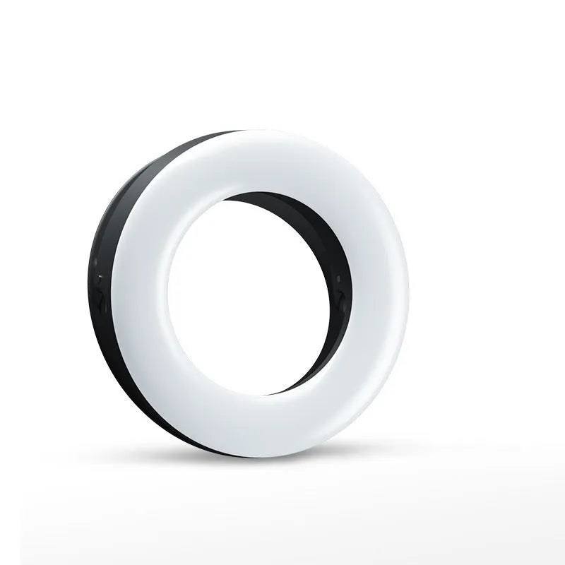 Compact black selfie ring light for smartphone photography with adjustable brightness settings