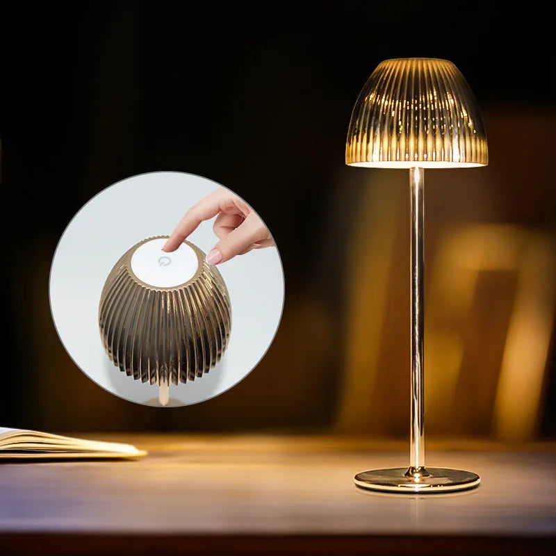 Small modern night lamp with dimming function in black thin round base design on table