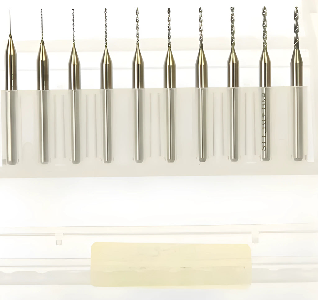 Close-up of an imported tungsten carbide micro-engraving bit for PCB and hardware processing.