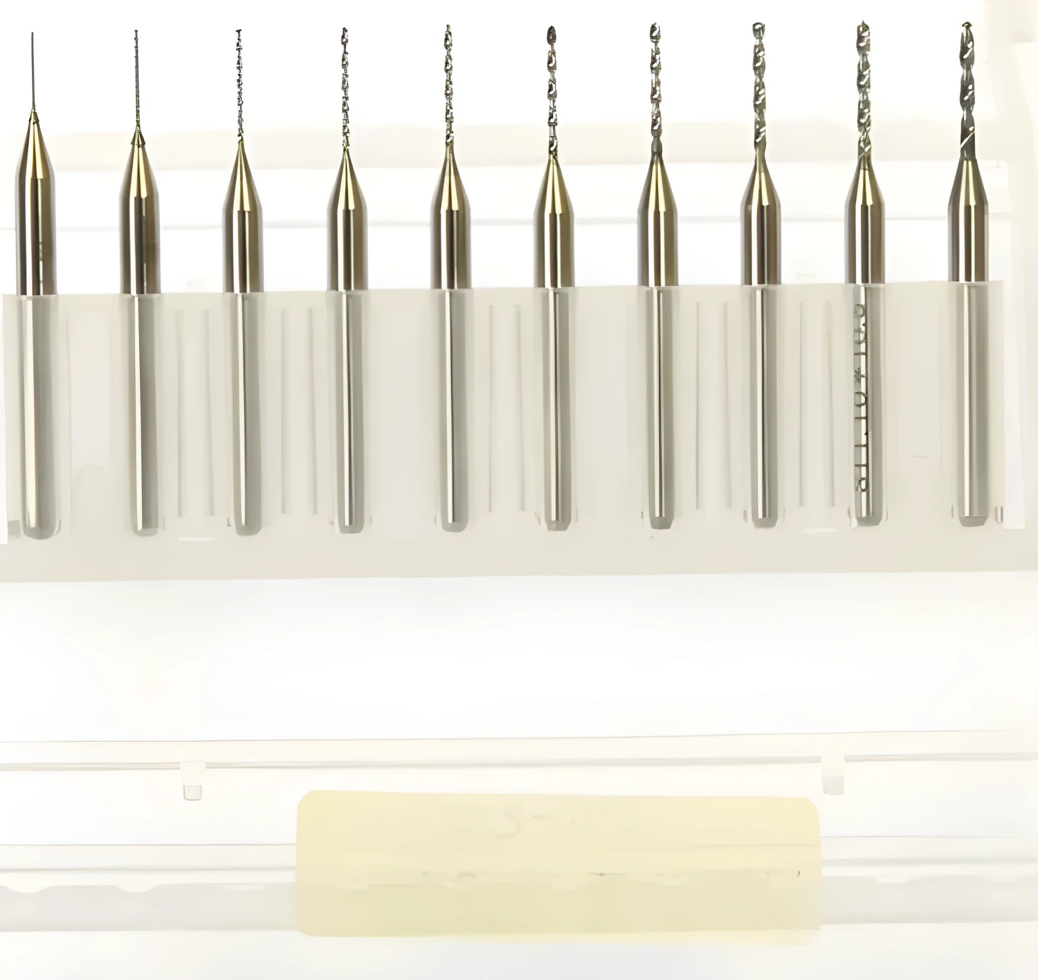Close-up of an imported tungsten carbide micro-engraving bit for PCB and hardware processing.