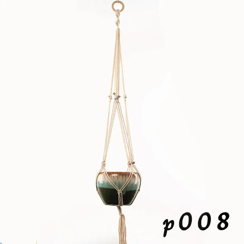 Cotton rope woven wire plant basket shown in desktop, wall hanging, and hanging basin styles.