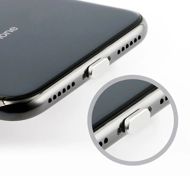 Aluminium alloy mobile phone charging port dust plug for iPhone, shown in a metallic colour.