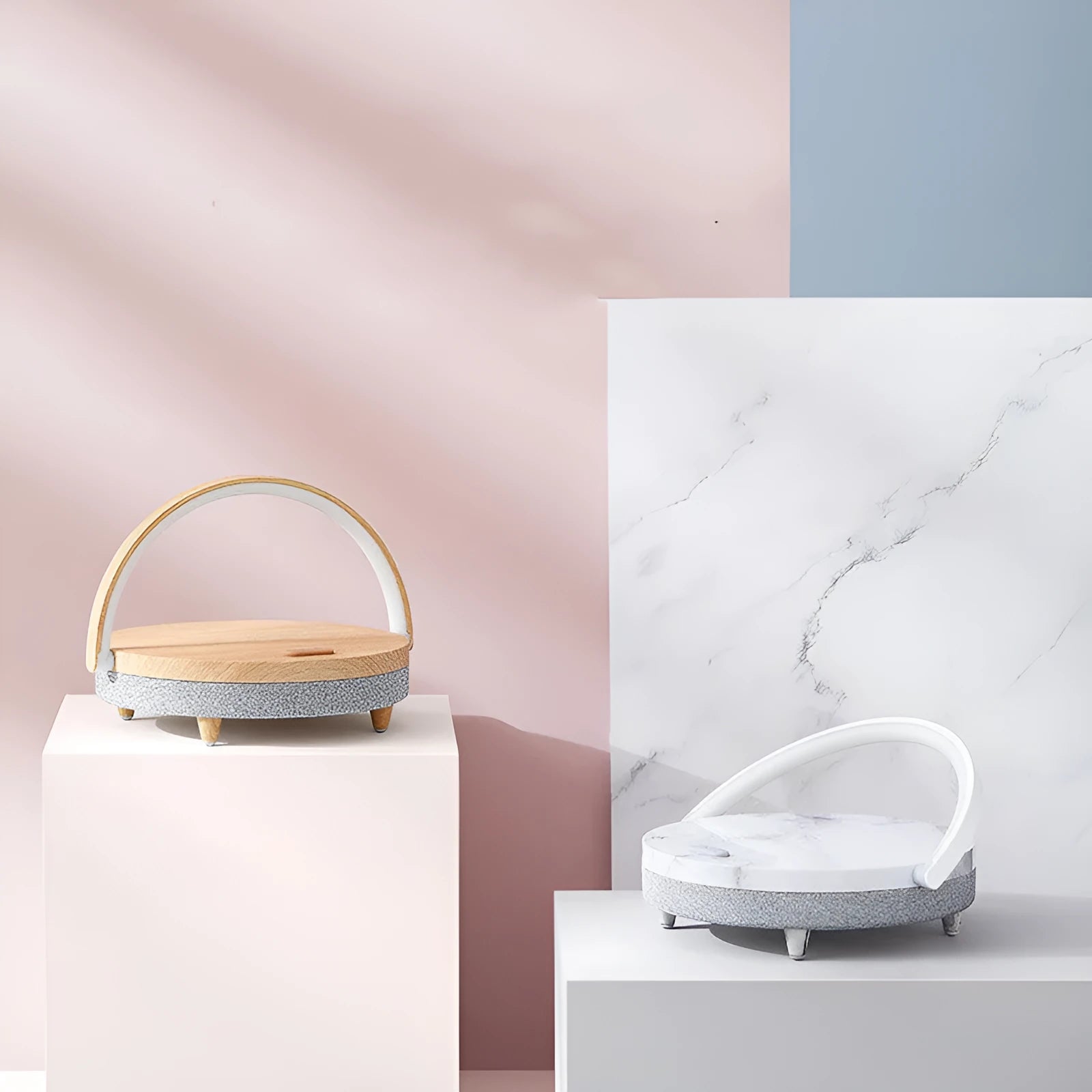 Wireless charging LED night light with Bluetooth speaker and phone holder in marble pattern finish