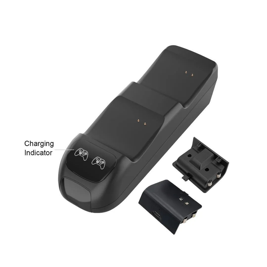 Black Xbox Series X wireless controller charging dock with two battery packs and Type-C cable
