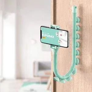 Black flexible arm phone holder with suction cup base bent into an S-shape, holding a mobile phone.