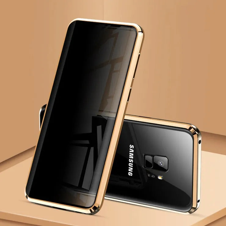 Black clamshell anti-peeping magnetic phone case for Samsung Galaxy phone shown open and closed