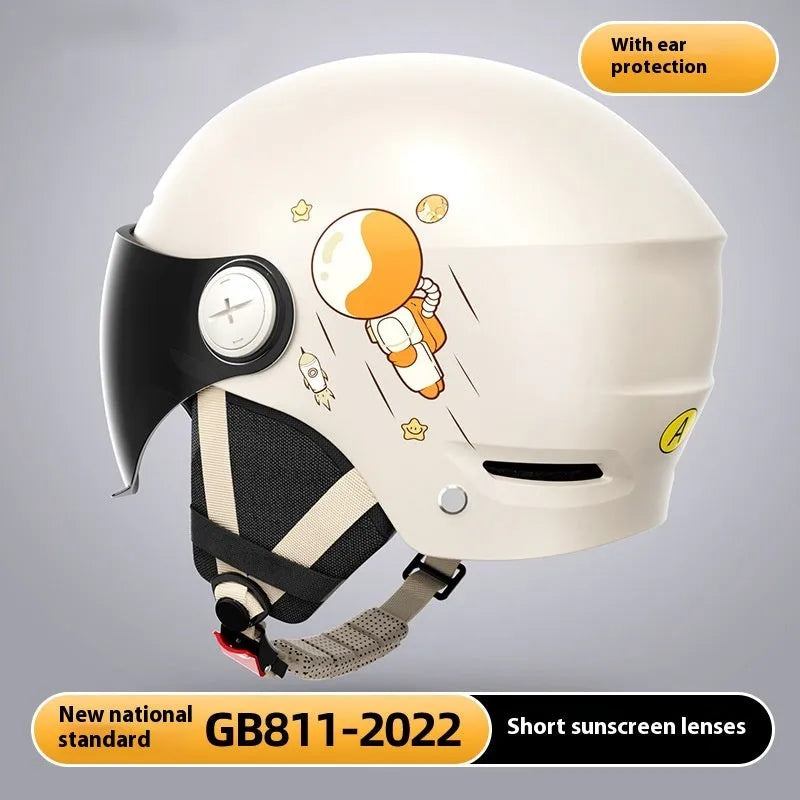 Khaki electric motorcycle half helmet with HD mirror lens on white background
