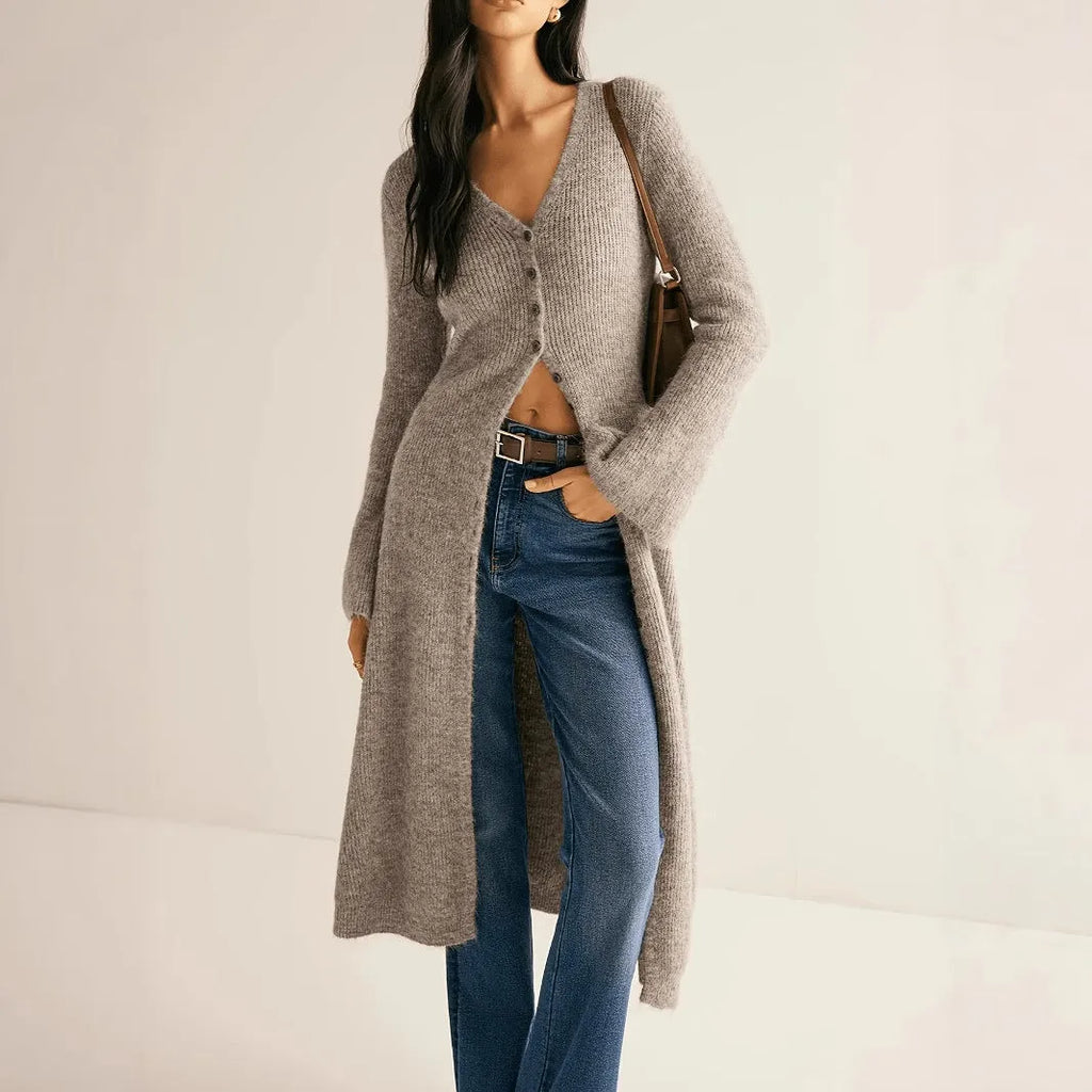 Khaki French retro style women's cardigan with button front and long sleeves