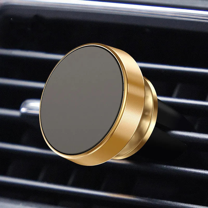 Aluminium alloy magnetic car phone holder in black, showing CD-textured finish and magnetic mount.