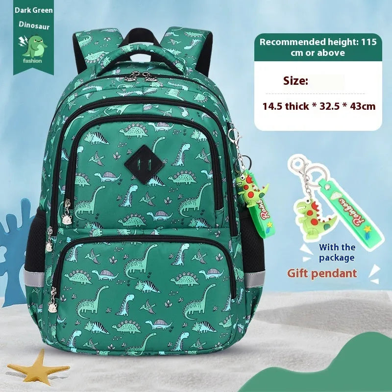 Blue children's waterproof school backpack with dinosaur print and curved shoulder straps