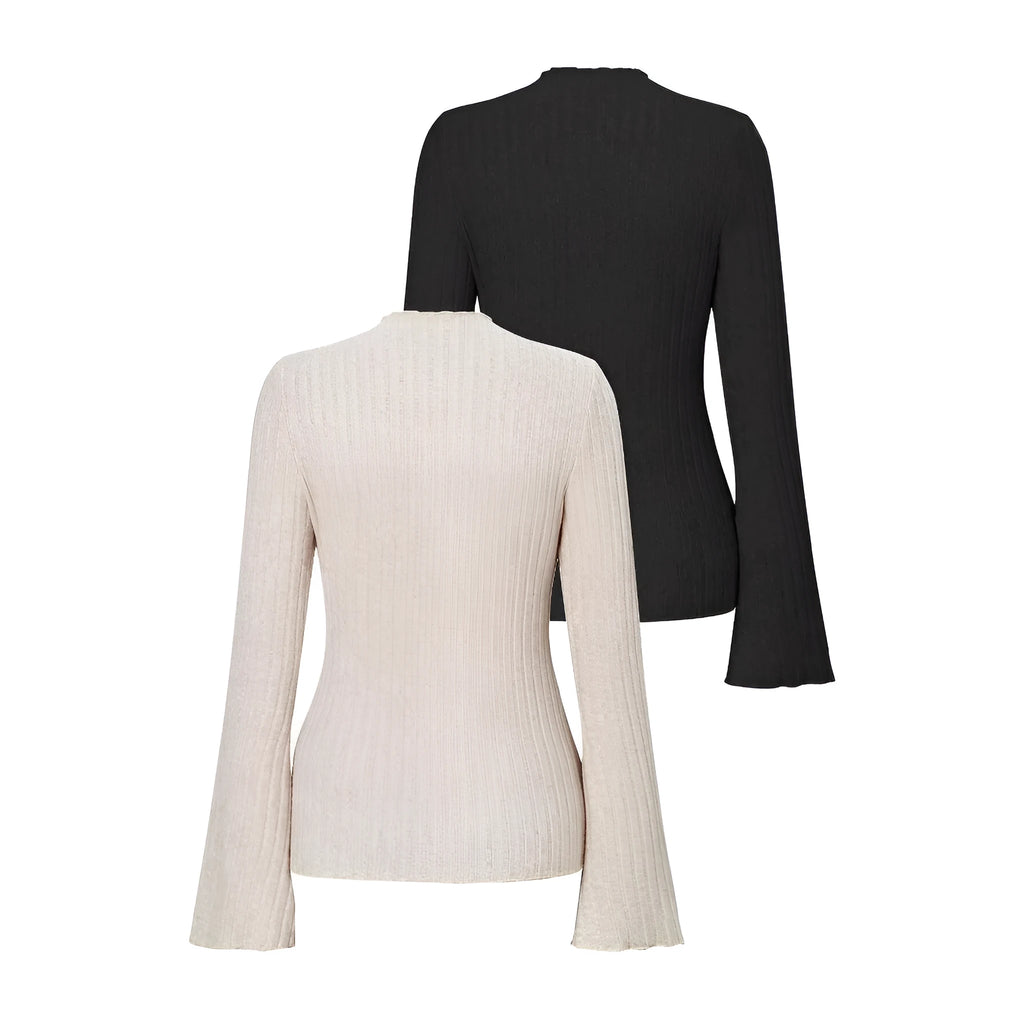Men's black long sleeve pullover top with lantern sleeves and a sunken stripe pattern on the fabric.