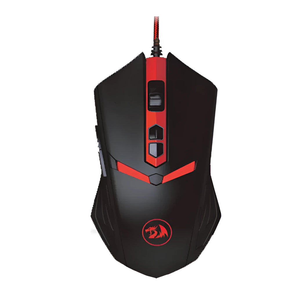 Black and red wired USB optical gaming mouse with six buttons on a desk.