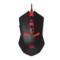 Black and red wired USB optical gaming mouse with six buttons on a desk.