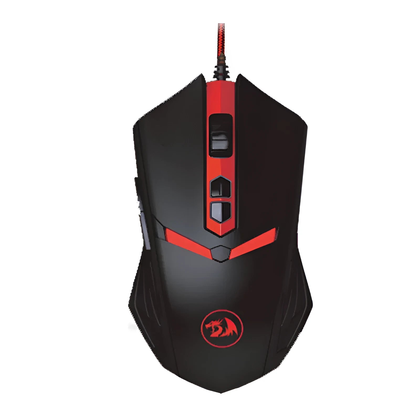 Black and red wired USB optical gaming mouse with six buttons on a desk.