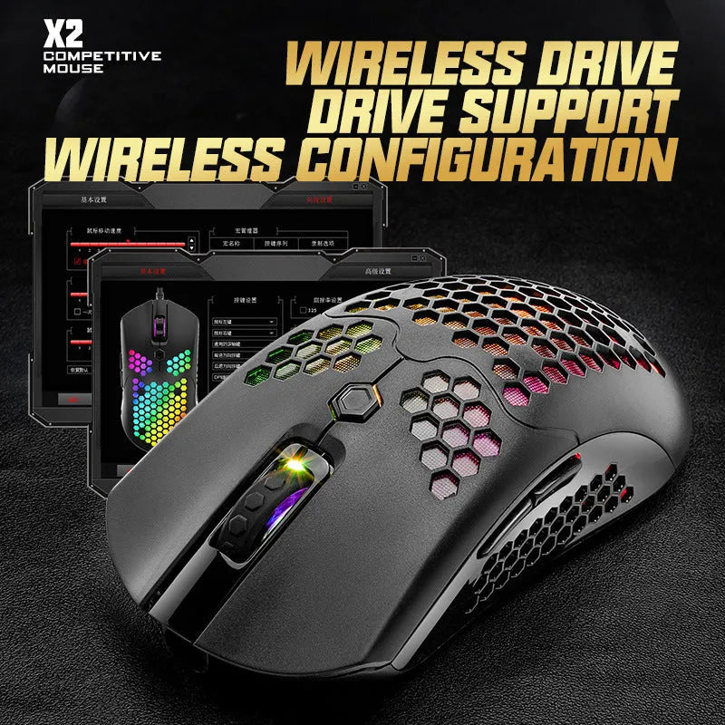 Free Wolf X2 wireless gaming mouse showing RGB lighting and ambidextrous symmetrical design
