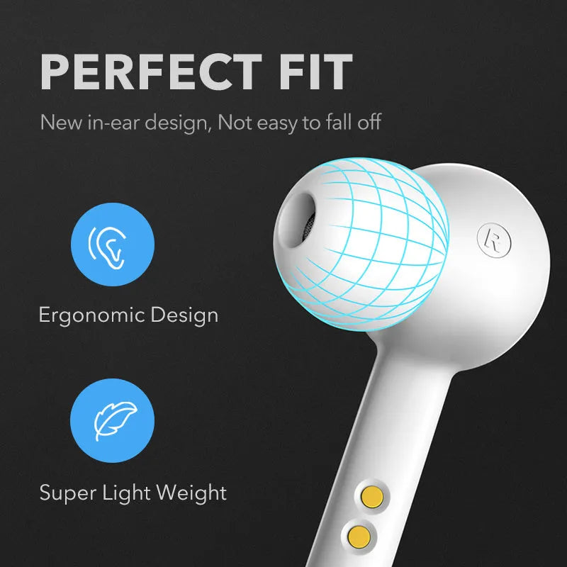 Black and white true wireless Bluetooth 5.0 earbuds with IPX5 waterproof rating
