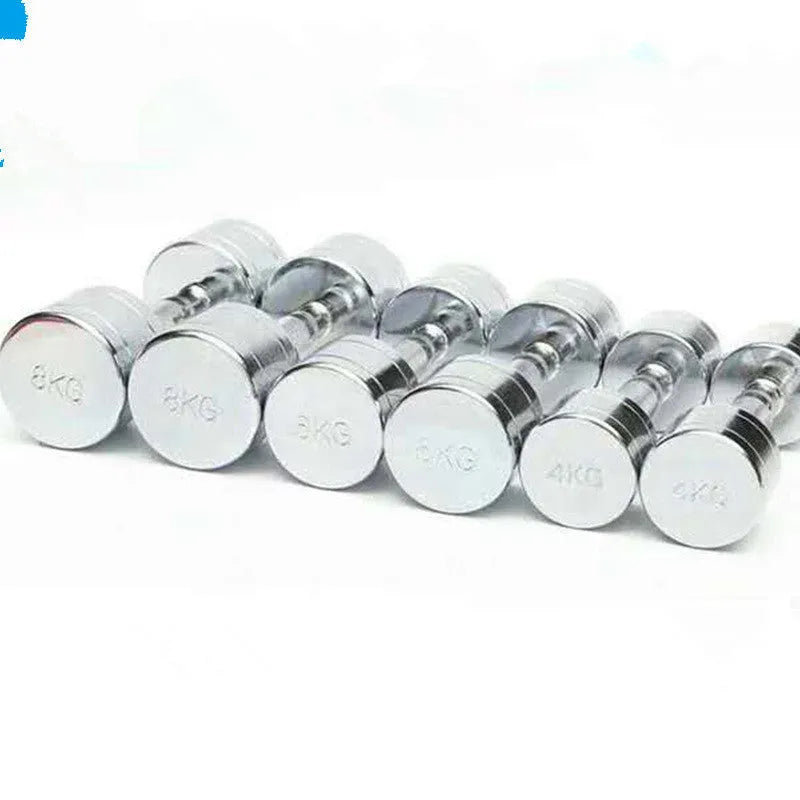 Silver electroplated pure steel dumbbell with ergonomic handle on grey background