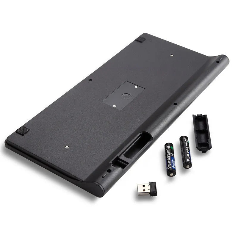 Black wireless keyboard and mouse set with 78 keys and 4 buttons on wooden desk