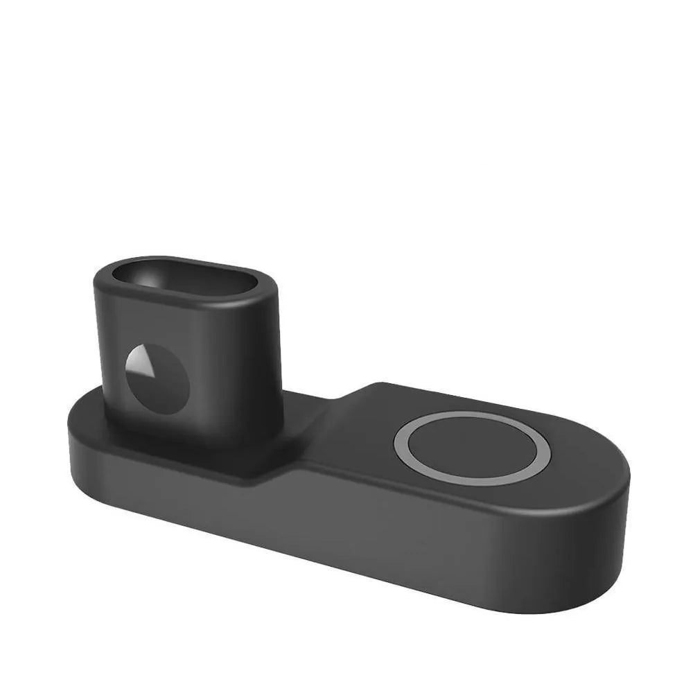 Black W3 three-in-one wireless charger for Apple iPhone, Watch and AirPods on a desk