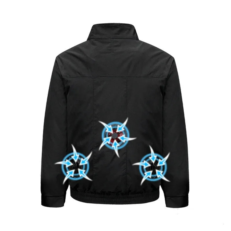 Men's smart air conditioning cooling jacket showing ventilation holes and portable fan compatibility