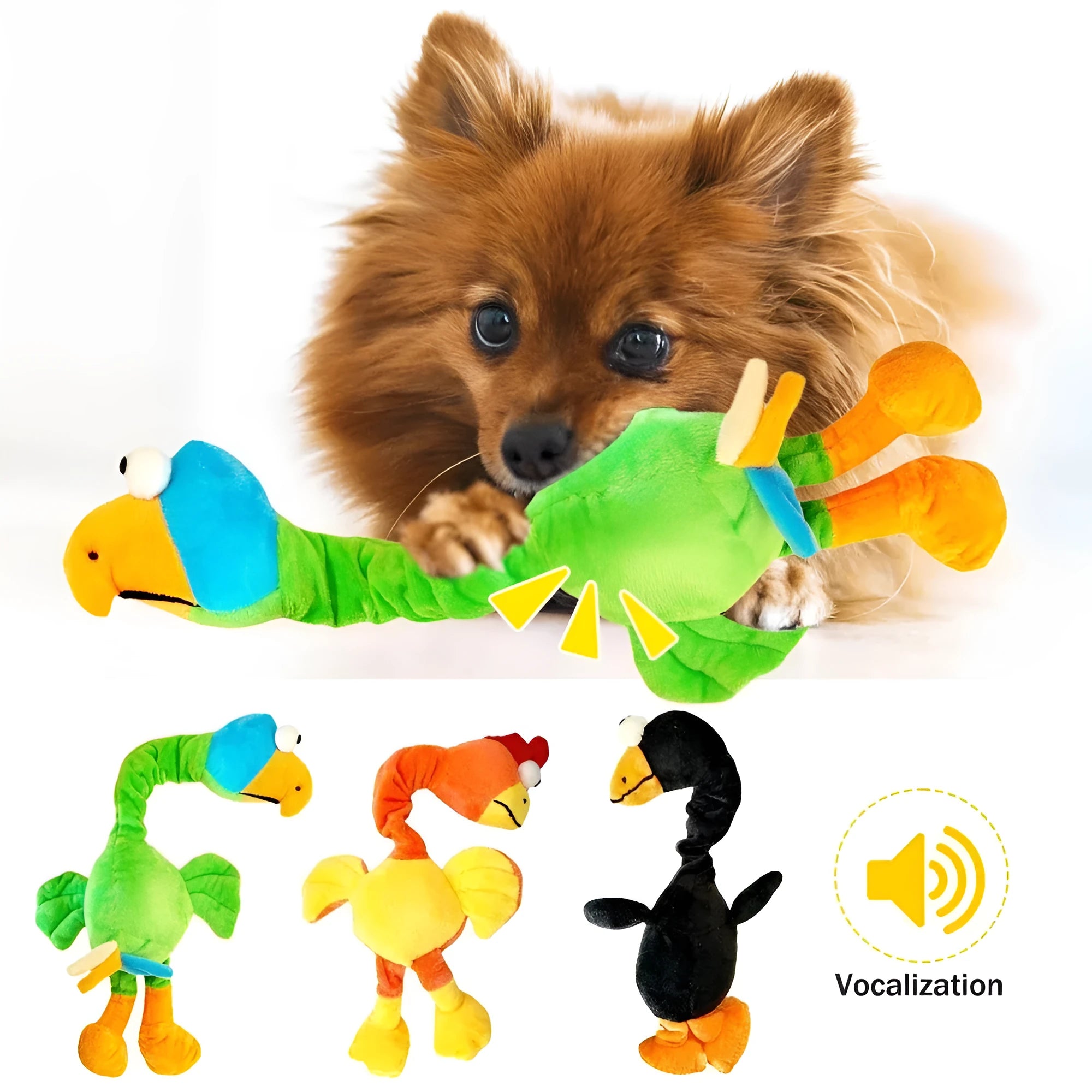 Screaming chicken sound squeaky dog chew toy in black, green, or orange.