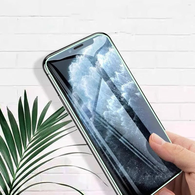 Luminous tempered glass screen protector for iPhone glowing in dark with full coverage design