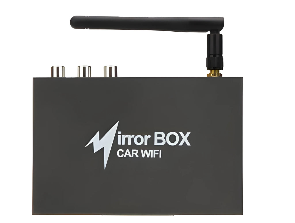 Black car mirror link box with Wi-Fi connectivity for smartphone screen mirroring to car audio systems