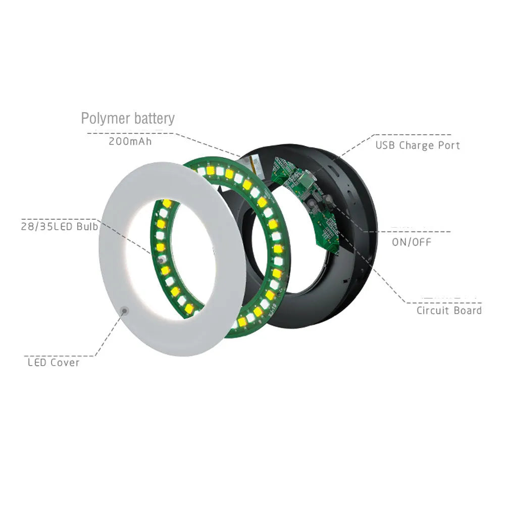 Compact black selfie ring light for smartphone photography with adjustable brightness settings
