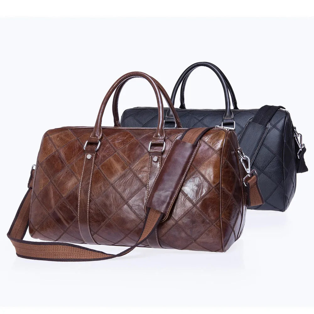 Vintage style brown leather men's duffel bag with a single shoulder strap.