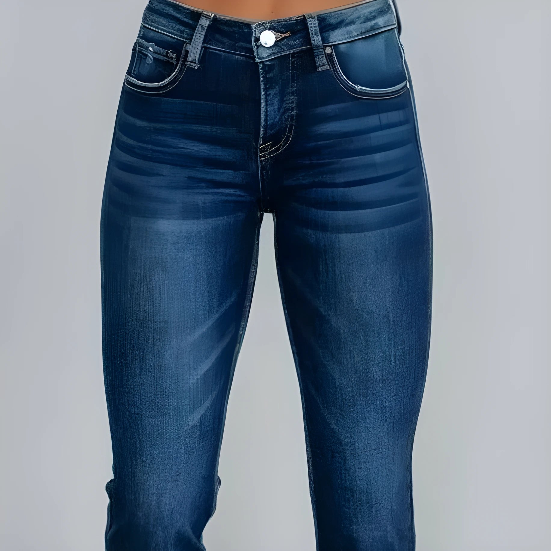 Women's solid colour denim jeans with hand-worn finish in dark blue and light blue options