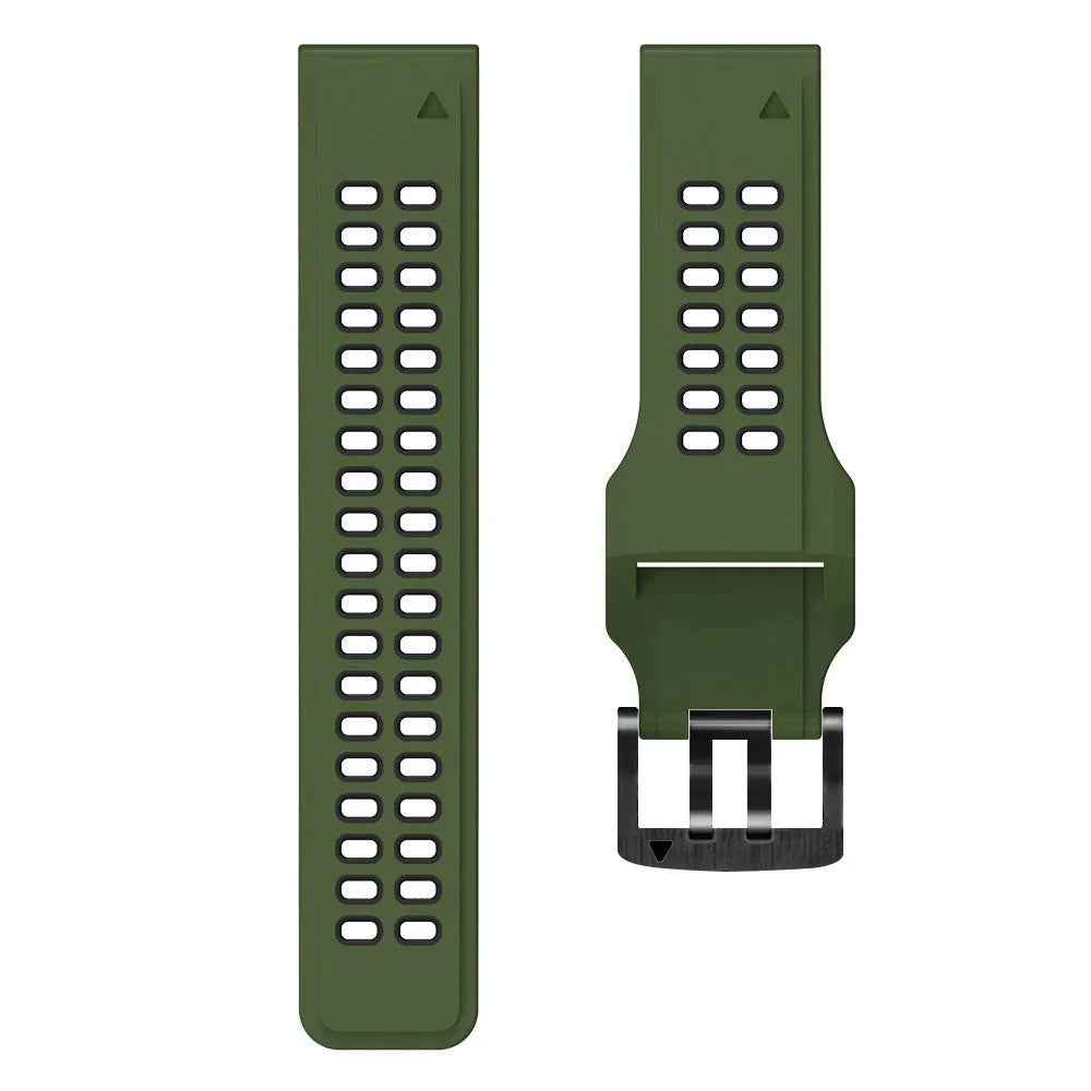 Quick release double-row hole silicone watch strap in black and orange colour on a sports watch.
