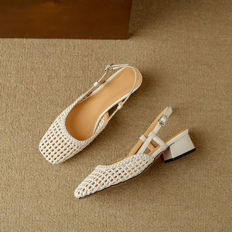 Women's woven hollow-out sandals with closed toe, square toe design and 4cm chunky block heel