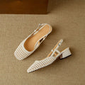 Women's woven hollow-out sandals with closed toe, square toe design and 4cm chunky block heel
