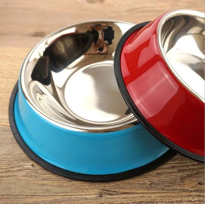 Colourful stainless steel pet bowl with non-slip rubber base available in multiple sizes