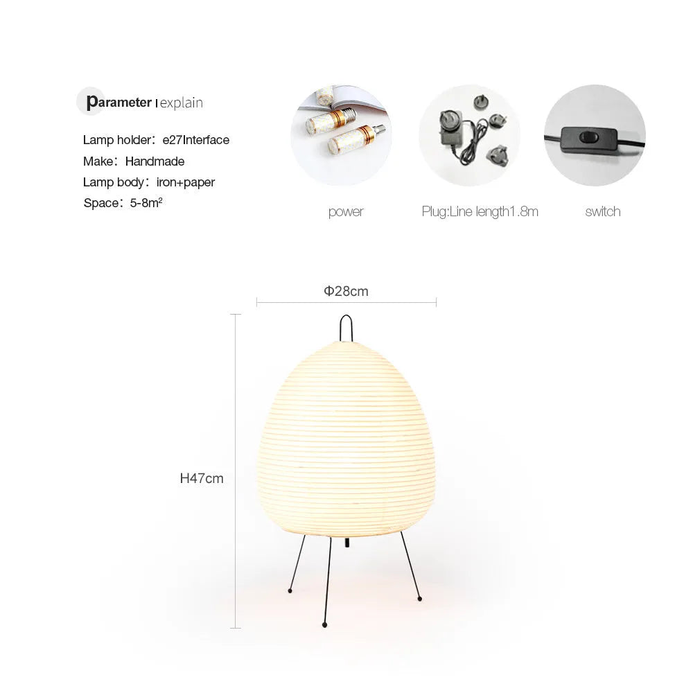 Japanese style rice paper table lamp with handmade shade on aluminium base showing three-tone dimming button