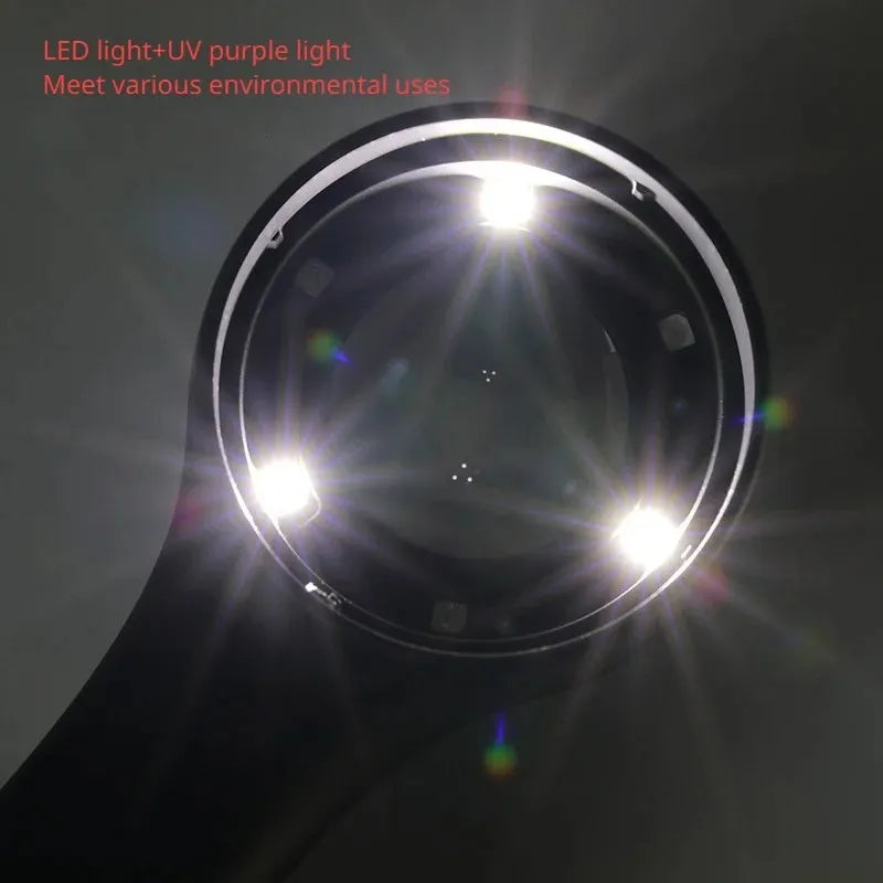 Black jewellery appraisal magnifying glass with LED lights and USB-C charging port