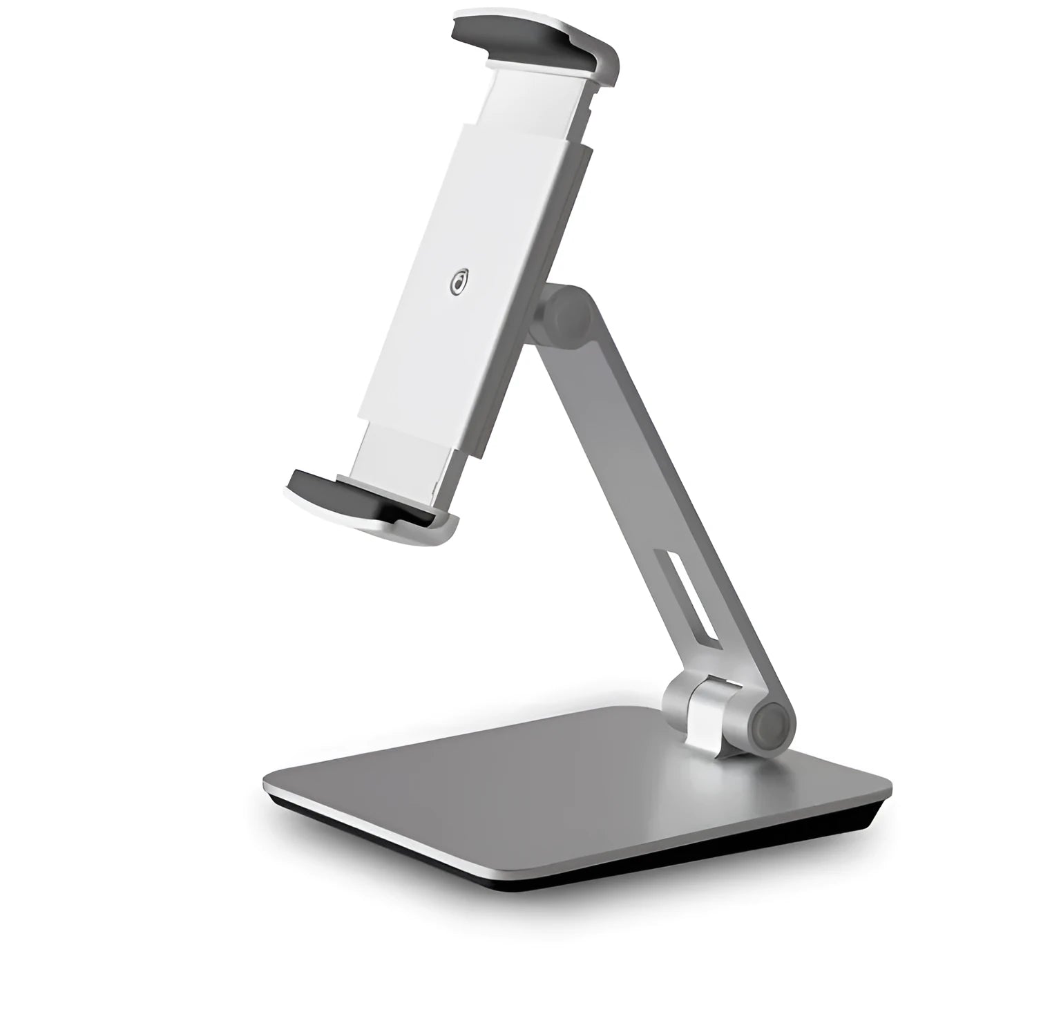 Folding desktop phone tablet stand in silver with 360-degree rotation feature